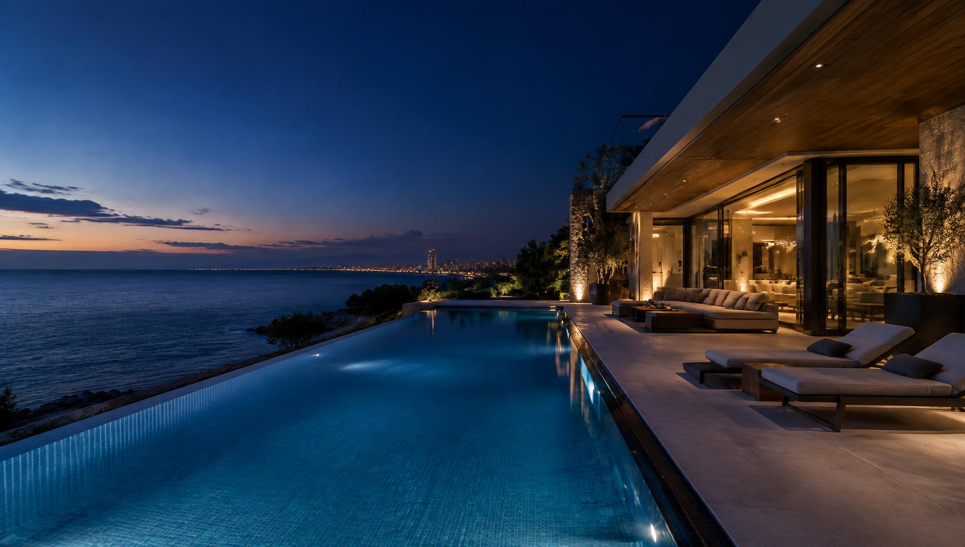Seafront villa in Limassol at dusk
